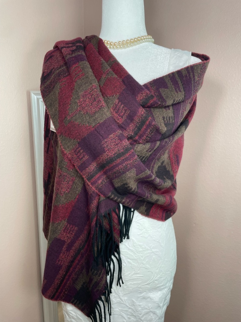 Aventura Burgundy & Olive Patterned Fringe Wrap Scarf